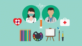 Flatlay vector with images of doctors and art supplies