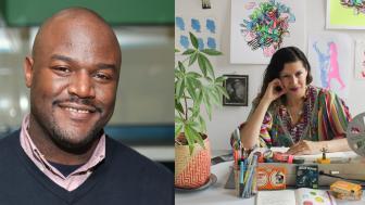 Left: Headshot of Enzo Silon Surin. Right: Photos of Maya Erdelyi in her studio.