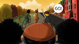 A digital illustration of three adolescence racing down the sidewalk on bicycles, one with a speak bubble that says, "Go!"  