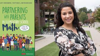 Photo of hilary kreisberg and her new book: "Partnering with Parents in Elementary School Math,” which has an illustrated cover