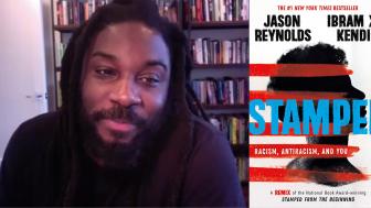 Jason Reynolds screen shot with image of "Stamped" book cover