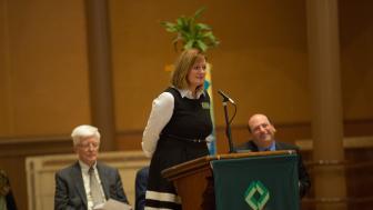 Jennifer Serowick addresses the freshmen class