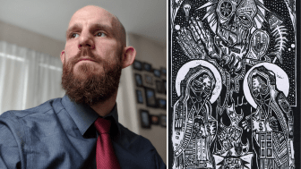 On left: Joe Mageary headshot, looking off to the side. On right: A black and white drawing of skulls and skeletons with the words hope and revolt.