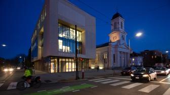 Exterior of the Lunder Arts Center at night