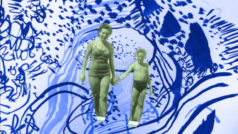 A slide from Maya Erdelyi's film, a cutout of a black and white photo of a woman (her grandmother) walking hand in hand with her young son. The background is wavy blue abstract.