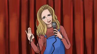 Illustration of Meghan Plourde on a stage doing stand up.