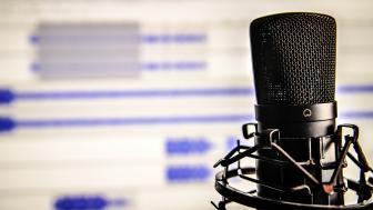 A microphone is in the foreground and a screen in the background.