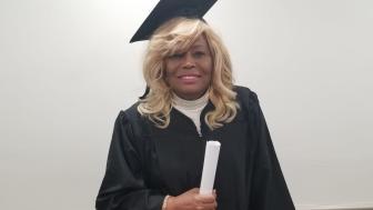Pamela Kelly in cap and gown