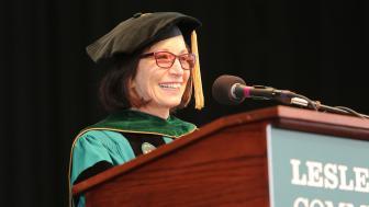 Trustee and alumna Deborah Raizes speaks at Lesley Commencement.