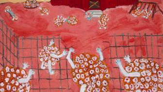 "School Day" by Mary Lesse — Painting, red background, children that are actually coronaviruses run around with red school in the background