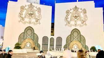 Cream building at night. Appears to be in Morocco.