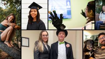 Photo collage - young woman in cap and gown, Cindy House with David Sedaris wearing a top hat, Sophie Lyons - young woman hugging knees on a fallen tree, young man with his dog smiling at camera, girl sitting on a bench, young woman wearing some sort of vfx gloves in front of a computer screen.