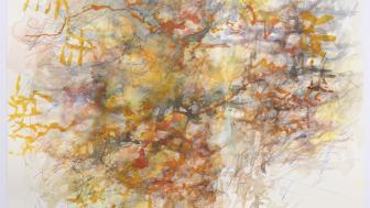 Painting with yellow, orange, gray, blue and red by MFA graduate Tracy Hayes