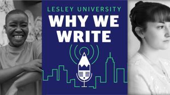 Why We Write logo flanked by two author photos in black and white
