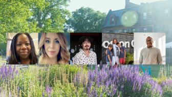 photo composite showing five alumni against faded backdrop of campus