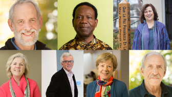 Collage of faculty: Jay Jones, Michael “Shabaash” Kemeh, Vivien Marcow Speiser, Martha McKenna, Shaun McNiff, Louise Pascale, Rick Reinkraut. 