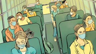 illustration of people sitting on a school bus wearing masks