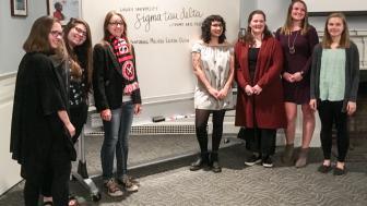 Members of our Sigma Tau Delta English honors society take a photo with Literary Arts Festival special guest, poet Melissa Lozada-Oliva. From left, Maya Grubner, Cheyenne MacDonald (chapter president), Gwendolyn Squires, Melissa Lozada-Oliva, Lizzie Davis, Megan Breslow and Olivia MacDonald.