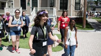 Students walking around outside Doble campus during orientation