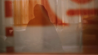 Silhouette of an unidentifable woman behidn a curtain.