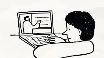 Illustration of kid looking at a teacher on a laptop