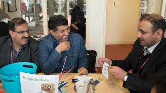 Saudi educators create a small robot from watch batteries and recycled materials.