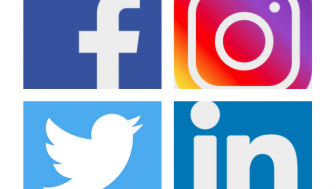 Four images of social media graphic icons including Facebook, Twitter, Instagram and LinkedIn