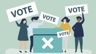 Illustration of four women holidng "vote" signs and a ballot box