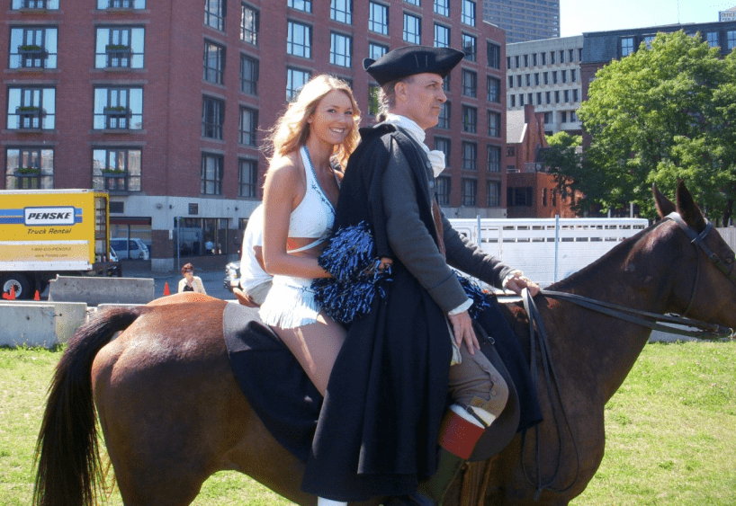 Kirsten Green with "Paul Revere" on a horse in Boston for a commercial.