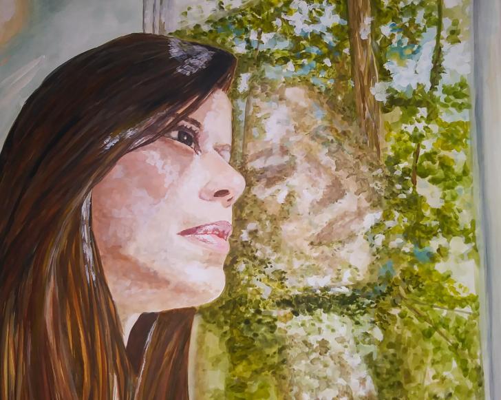 Painting of Yvonne Sierra looking out of a window
