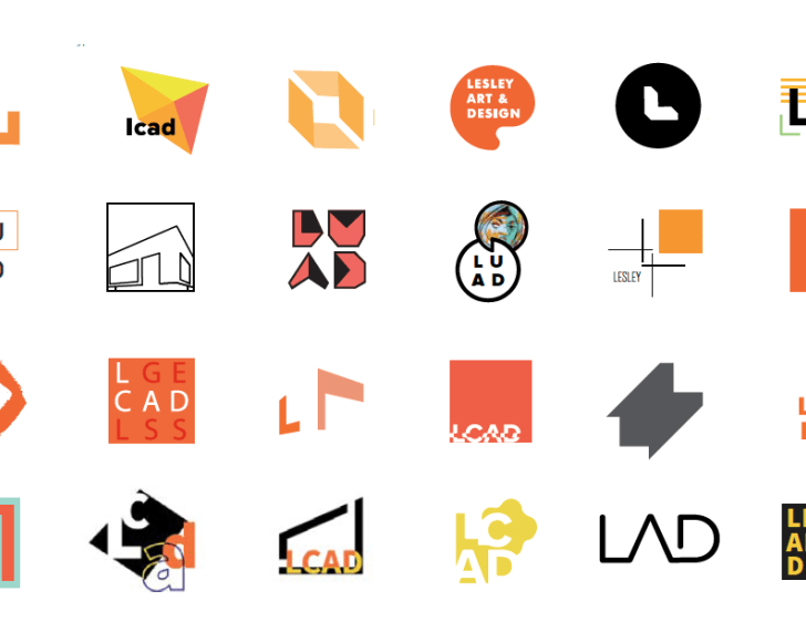 thumbnails of various logo options for new lesley art and design subbrand