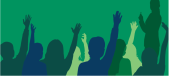 silhouette speaker standing in front of crowd, all raising their hand