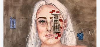 Watercolor painting of Amanda Nahodil with a sink and other household things painted on her chest and clothing lines hung from the side of her head.