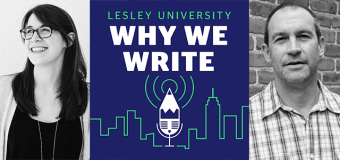 Banner featuring black and white pictures of Katie Cotugno and Scott Loring Sanders with a color logo of the Why We Write podcast in the middle