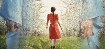 Book cover of Beneath the Wide Silk Sky. Image of a woman walking away imposed over the image of a woman in a kimono.