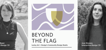 A banner for the Beyond the Flag Podcast. From left to right: Headshot of Madeline Meyer, Interactive Design '21, a logo for the Beyond the Flag Podcast, Jess Stevens, Interactive Design '21