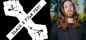 Two images: the logo of the Black X Film Festival which is a cross shape, one line of the cross is two fists. On the right is a photo of Zach Gallagher with long red hair