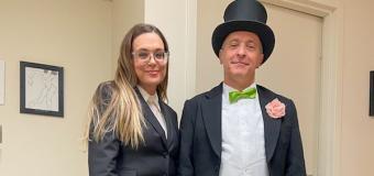 Cindy House and David Sedaris in a top hat