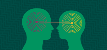 two transparent, silhouette heads facing each other, with brains showing connection to each other
