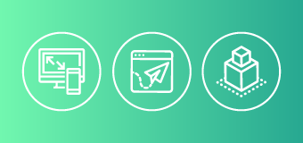 Icons representing desktop v mobile UX, icon design, and information hierarchy.
