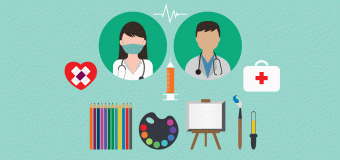 Flatlay vector with images of doctors and art supplies