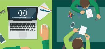 flipped learning poster illustrated by a cartoon student watching a lesson online and then sitting with another student to work on an assignment