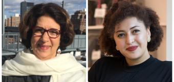 Jane Etish-Andrews wearing a white scarf and Mary Pyne wearing a black turtleneck