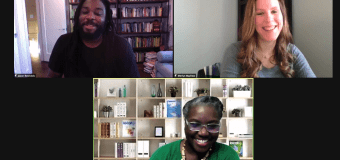 Zoom screenshot of Jason Reynolds with Merlyn Mayhew and Angela Crawford Ervin