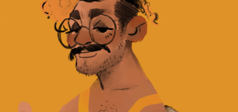 Self portrait of Julio Guity with a shirt draped around his arms, yellow hair, a yellow dress, and yellow background.