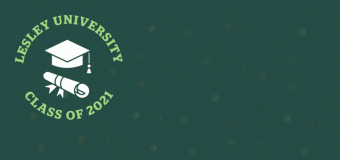 A dark green Zoom background celebrating Lesley University's Class of 2021. 