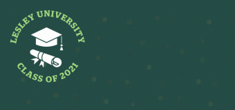 A dark green Zoom background celebrating Lesley University's Class of 2021. 