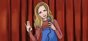 Illustration of Meghan Plourde on a stage doing stand up.