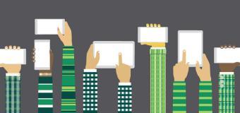Mobile UX Design logo, which is cartoon arms outstretched holding smartphones and tablets in their hands
