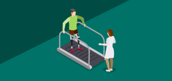Illustration depicting rehabilitation counselor working with patient using treadmill for physical therapy.